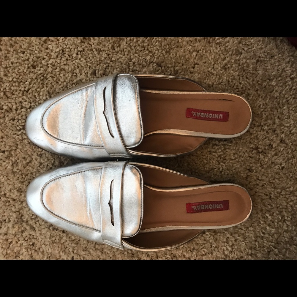 Silver Penny Loafer Mules